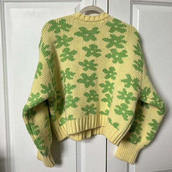 Zara Yellow Floral Funky Knit Retro Cardigan Womens Large - Picture 4 of 5